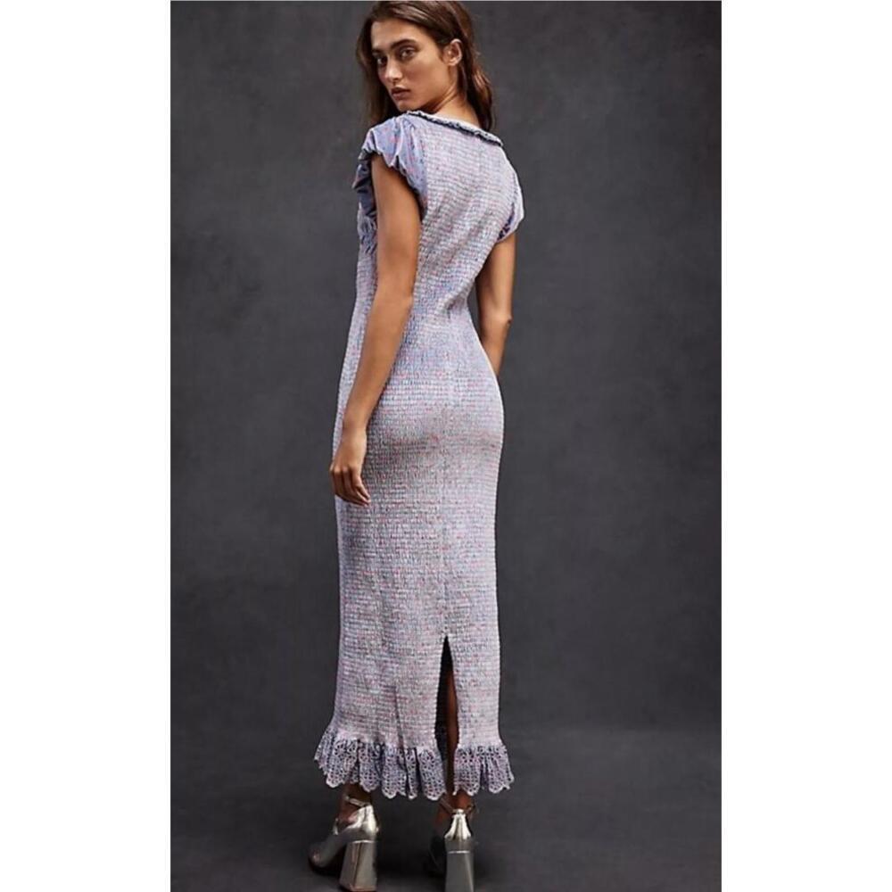 Free People Mckenna Velvet Maxi Dress Large L Lavender Smocked Slim Fitted